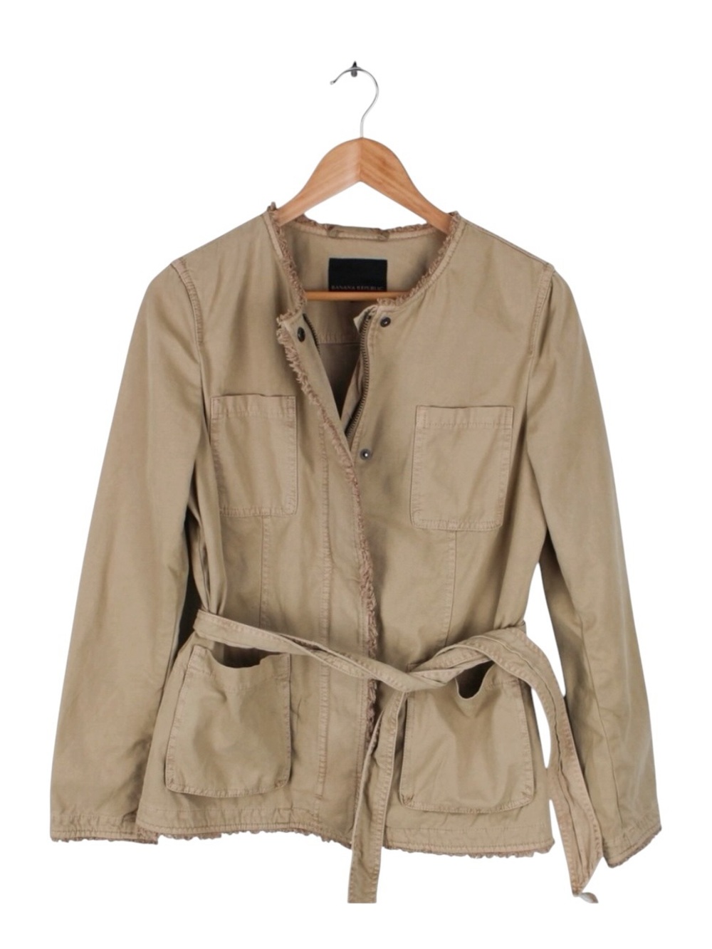 Banana Republic Utility Jacket Belted Frayed Trim Khaki‎ Tan Women's Small